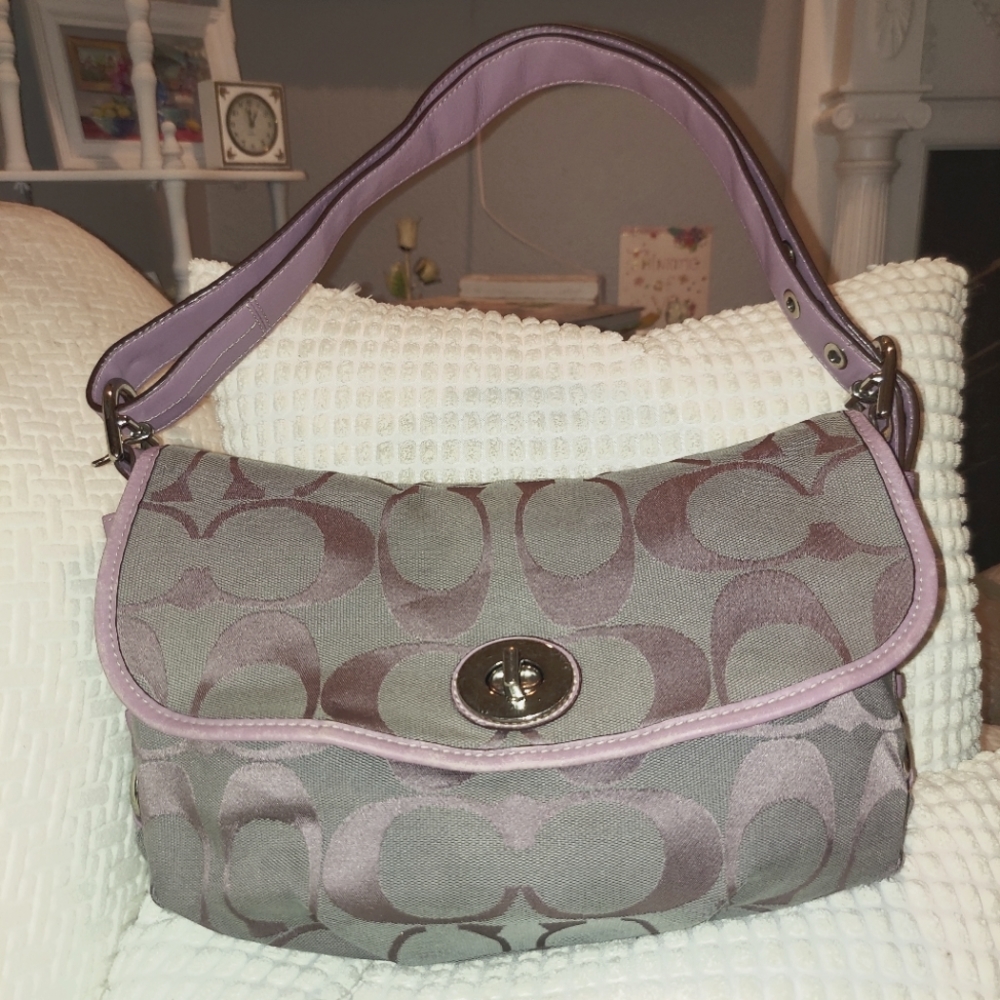 Coach Signature Canvas and Leather Lavender Crossbody Shoulder Bag